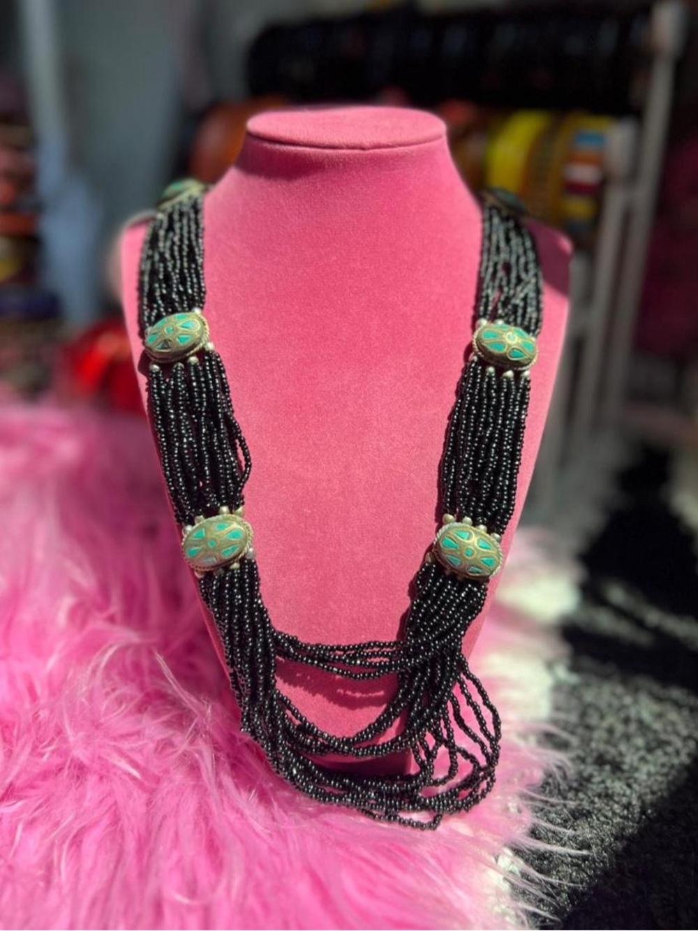 Multi-Strand Black Beaded Necklace with Turquoise Accents